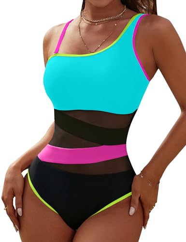 Blooming Jelly Women's Sexy One Piece Bathing Suits One Shoulder Swimsuits Slimming Mesh Swimwear
