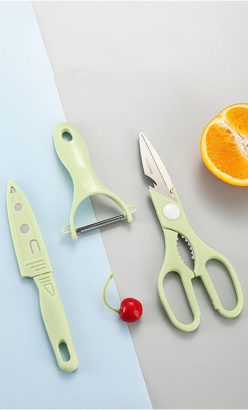 3-in-1 Premium Kitchen Set Include Scissors, Peeler, Knives – Dishwasher-Safe, Stainless Steel, Ergonomically Designed for Meat, Veggies & Gifting,Pink