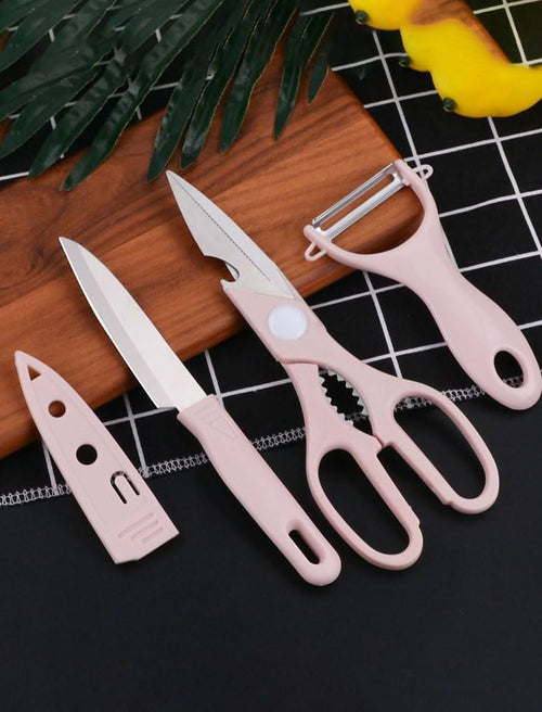 3-in-1 Premium Kitchen Set Include Scissors, Peeler, Knives – Dishwasher-Safe, Stainless Steel, Ergonomically Designed for Meat, Veggies & Gifting,Pink