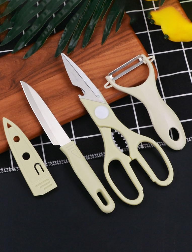 3-in-1 Premium Kitchen Set Include Scissors, Peeler, Knives – Dishwasher-Safe, Stainless Steel, Ergonomically Designed for Meat, Veggies & Gifting,Pink