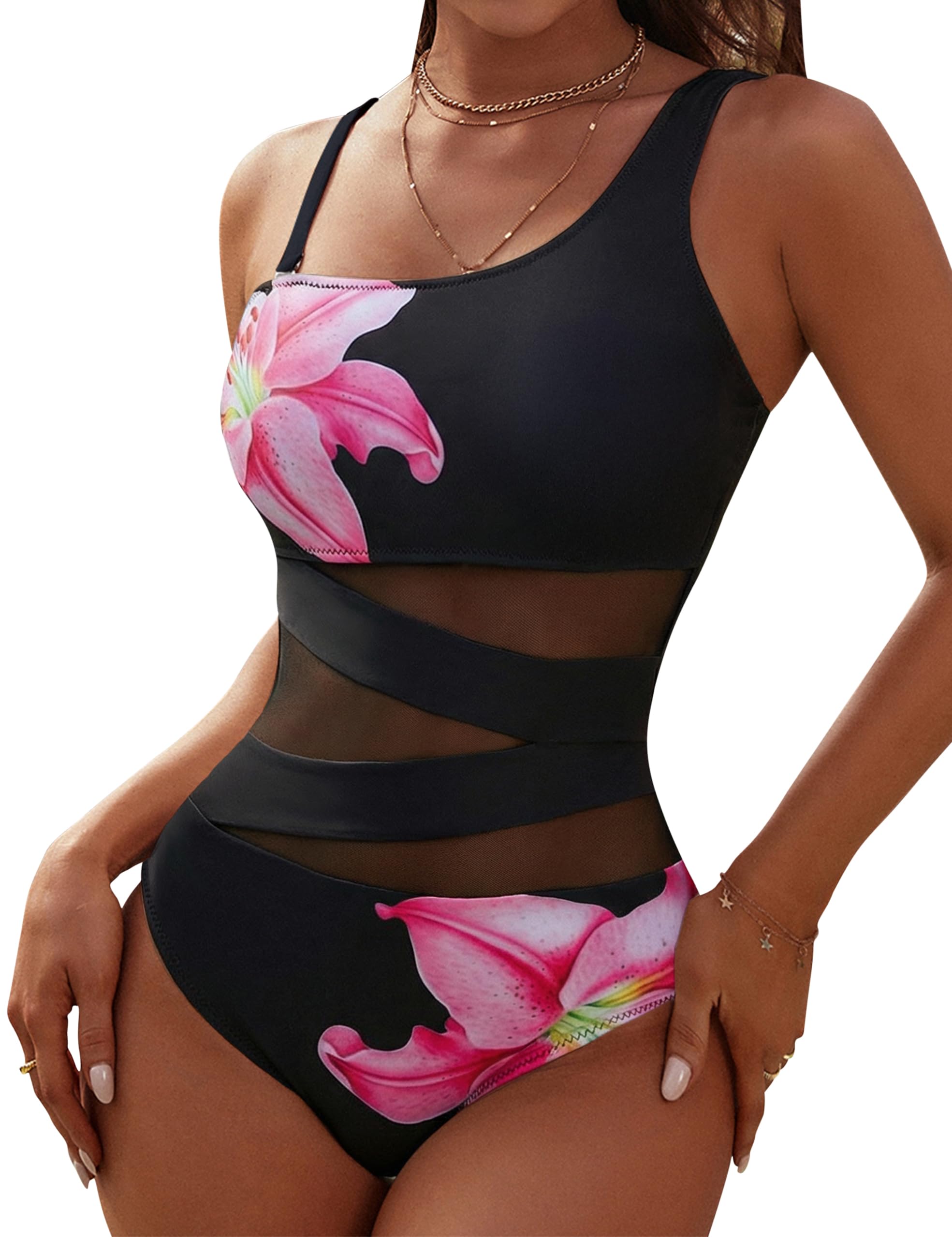 Blooming Jelly Women's Sexy One Piece Bathing Suits One Shoulder Swimsuits Slimming Mesh Swimwear