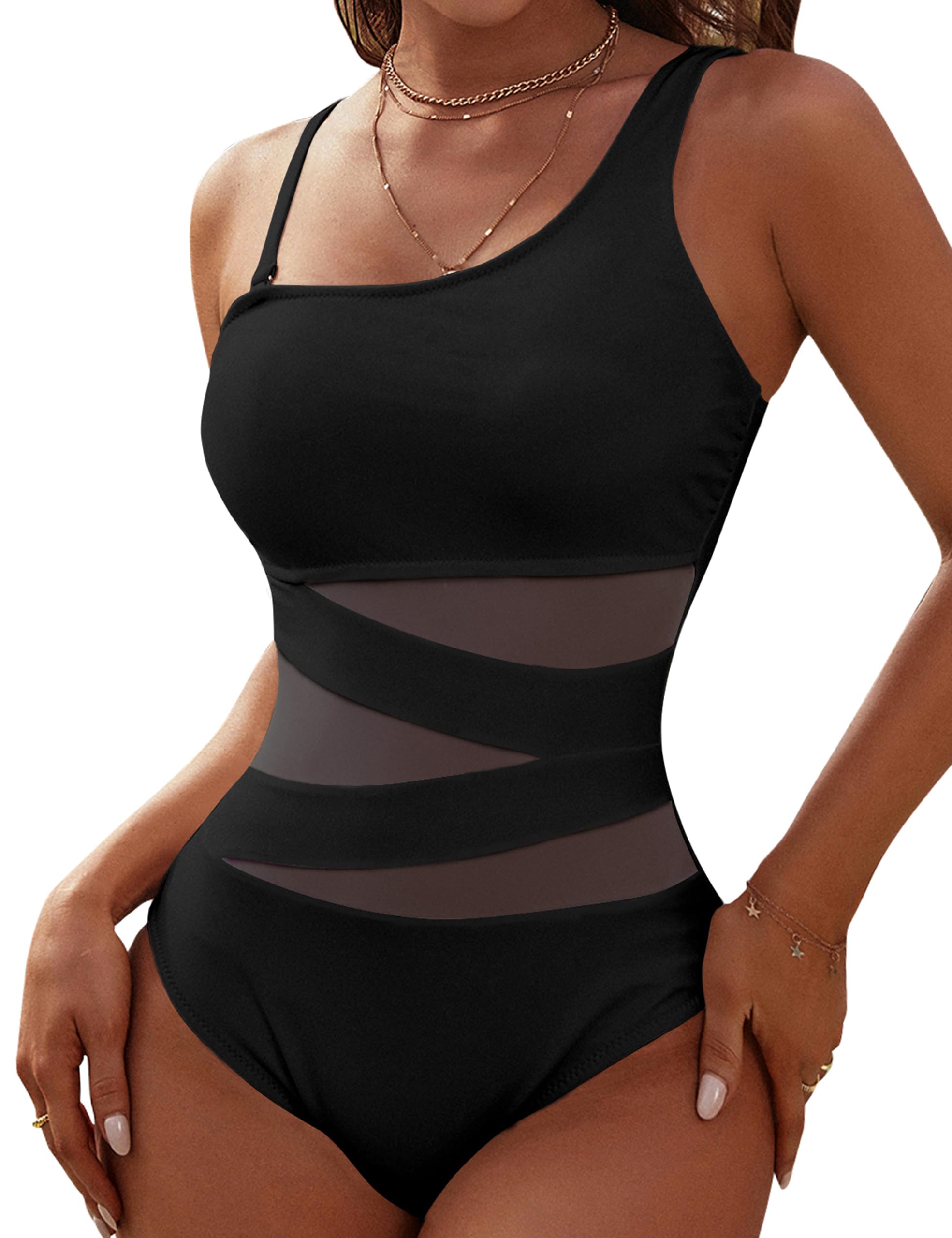 Blooming Jelly Women's Sexy One Piece Bathing Suits One Shoulder Swimsuits Slimming Mesh Swimwear