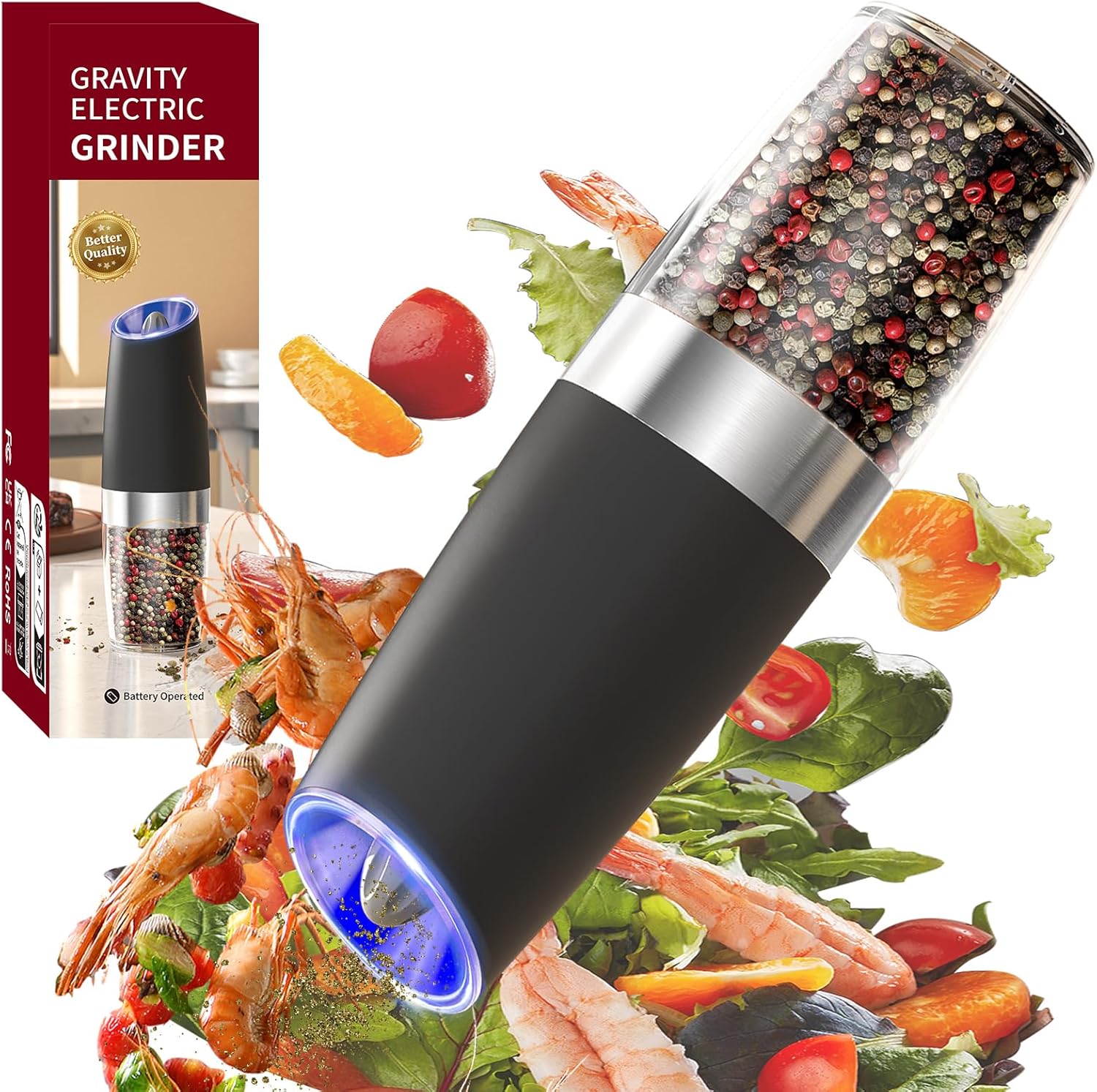 Electric Pepper and Salt Grinder, Seasoning Mill，Adjustable Coarseness, with LED Light,One Hand Automatic Operation, Stainless Steel